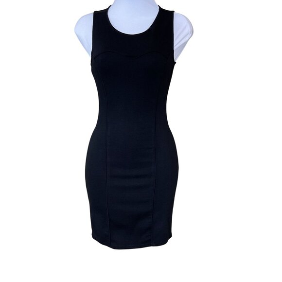 Guess Sleeveless Black Knit Bodycon Mini Dress Mesh Insert BacK Floral Cutout XS - Picture 1 of 7